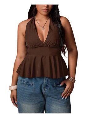 Women's Plus Size Halter Top Backless Peplum Sleeveless Smocked Babydoll Top
